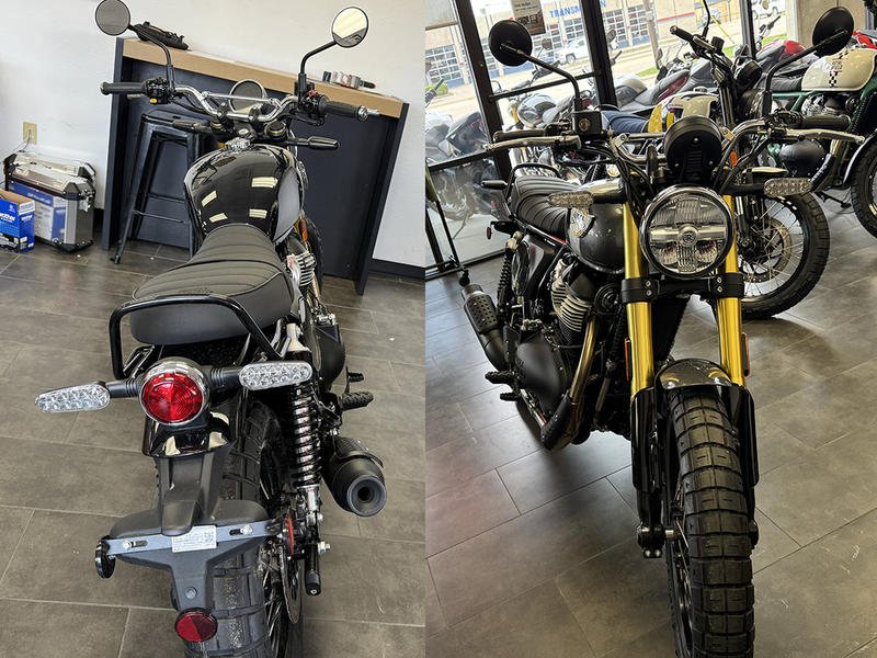 Front and rear views of the Royal Enfield Bear 650 displayed in a showroom, showcasing its retro-modern design, dual-sport tires, LED headlamp, and upright handlebars.