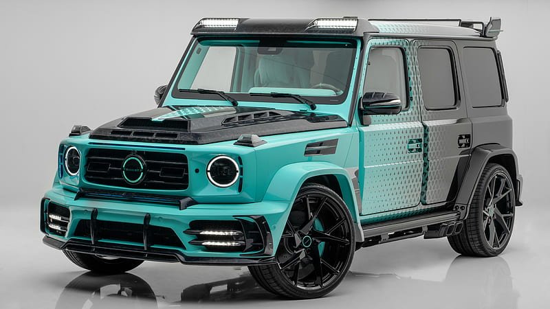 Mansory customized Mercedes-Benz G-Wagon with carbon fiber body kit, unique turquoise and black paint, and large alloy wheels