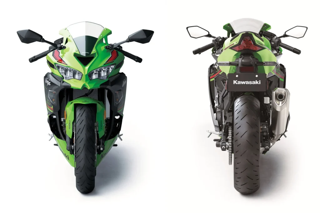 Front and rear view of the Kawasaki Ninja ZX-4RR 2025 in green and black color scheme, showcasing its aggressive headlight design, aerodynamic bodywork, and sporty rear profile.