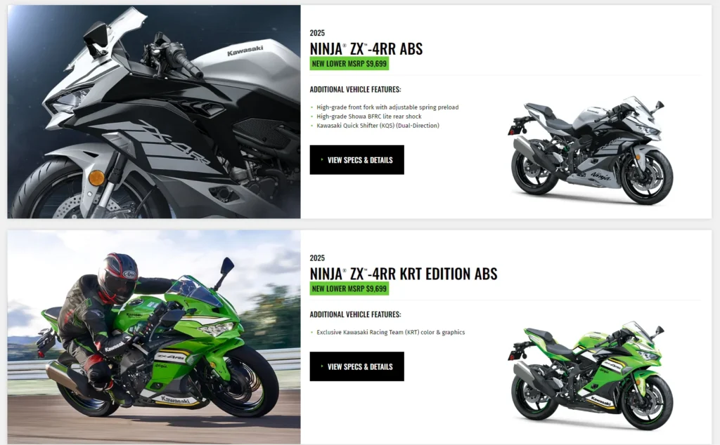 2025 Kawasaki Ninja ZX-4RR ABS and Ninja ZX-4RR KRT Edition ABS models, showcasing new lower MSRP of $9,699, with high-grade suspension features and exclusive KRT racing colors.