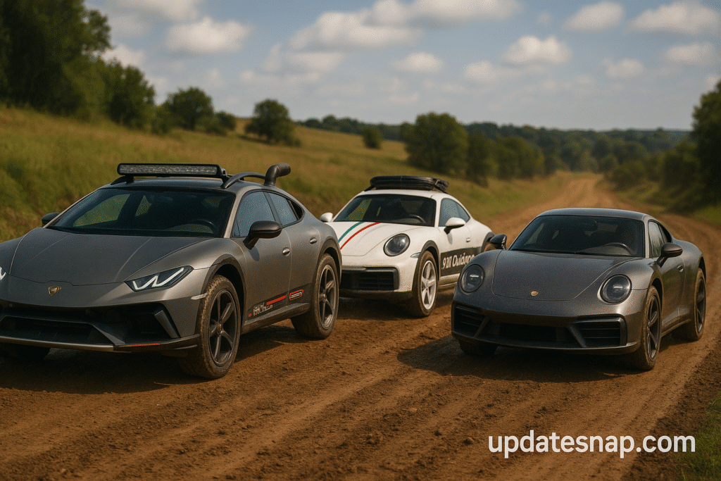 Three off-road supercars on a dirt trail – Lamborghini Huracán Sterrato and Porsche 911 Dakar.