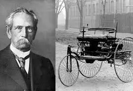 Karl Benz with the 1885 Benz Patent-Motorwagen, recognized as the first true car in the world.