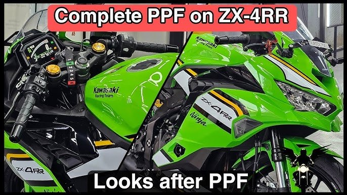 Kawasaki Ninja ZX-4RR in Kawasaki Racing Team green livery with complete PPF coating, showing enhanced gloss and protection after paint protection film application.