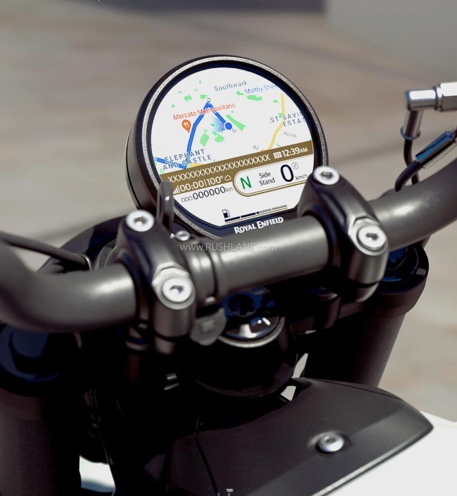 Royal Enfield Guerrilla 450 digital display showing navigation map