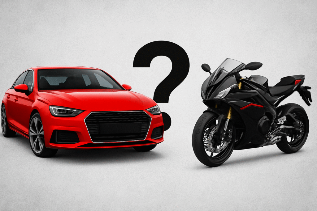 Collage of a red sports car and a black motorcycle side by side with a large question mark symbol between them, representing automotive myths.