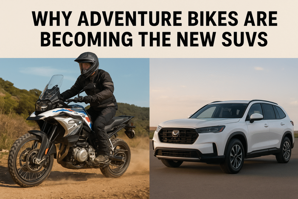 Adventure bike vs SUV – adventure bike trend, showing rugged motorcycle beside modern SUV in an outdoor setting.