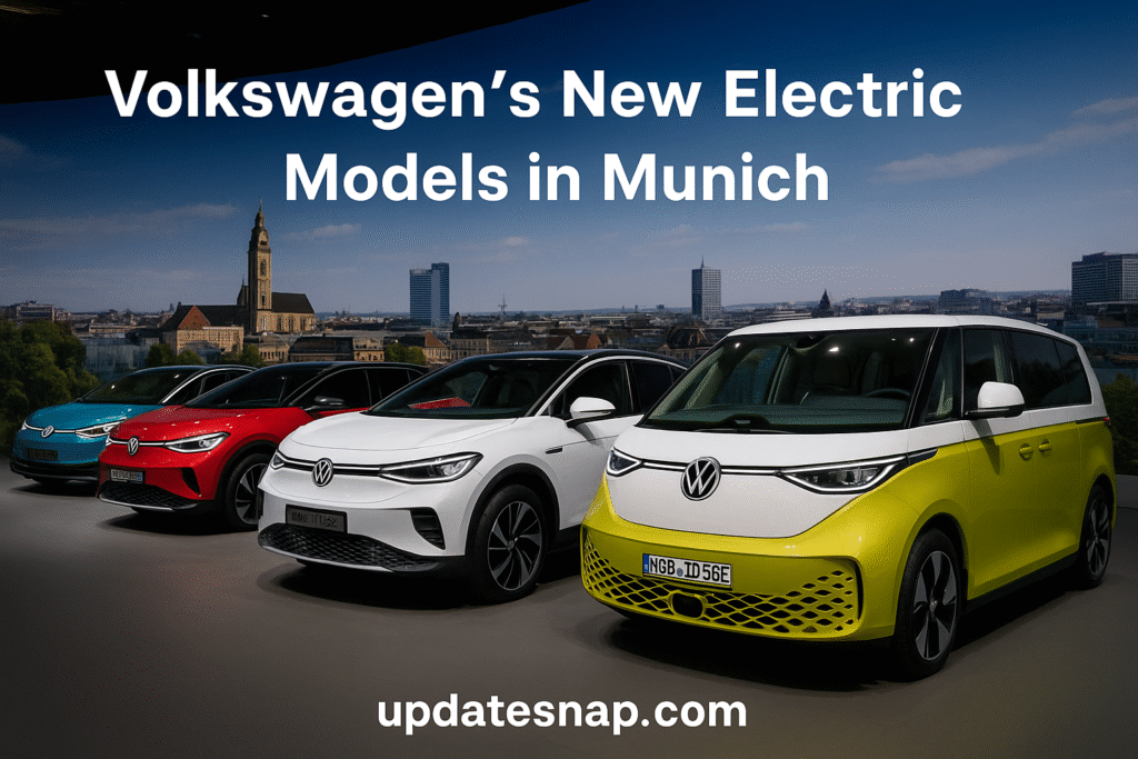 Volkswagen electric car lineup showcase with number plate displaying updatesnap.com – wokswagen new models highlight innovation and design.