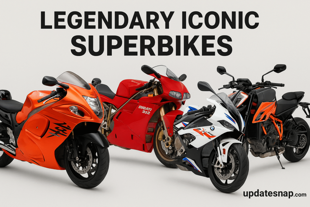 Collage of iconic superbikes including Suzuki Hayabusa, Ducati 916, BMW S1000RR, and KTM 1290 Super Duke R with Updatesnap.com branding.