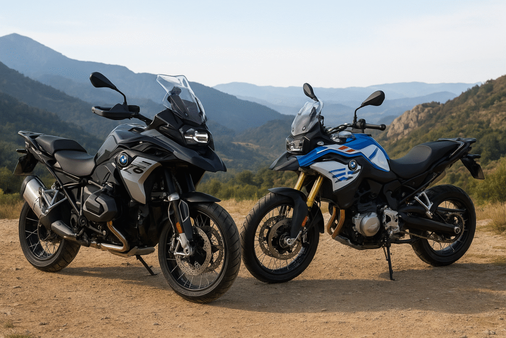 Two new adventure motorcycles, a black BMW R 1300 GS and a blue and white BMW F 900 GS, are parked side-by-side on a dirt road with mountains in the background.