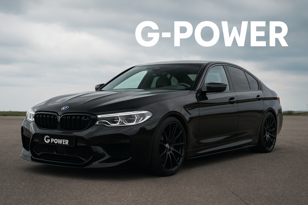 A side-front view of a black G Power tuned BMW M5 sedan (F90 or similar generation) sitting on a paved surface, likely a runway. The car features black multi-spoke alloy wheels, a lowered stance, and the G Power badge on the front bumper, highlighting the vehicle's high-performance modification.