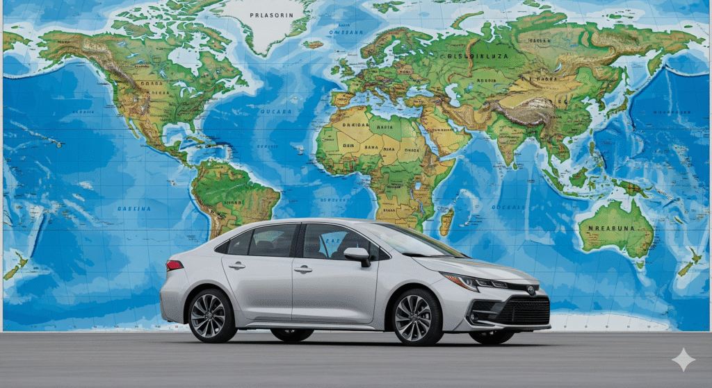 Toyota Corolla car model differences shown with a world map background representing global markets.