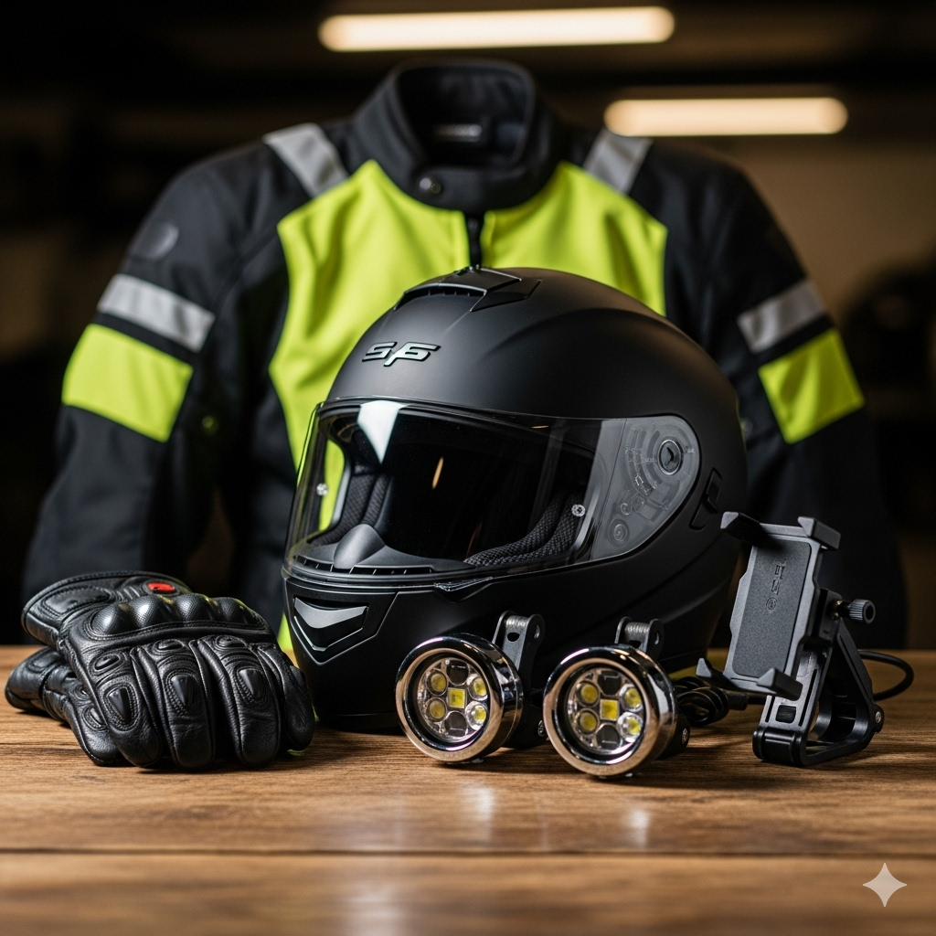 A clean setup showing helmet, gloves, fog lights, mobile holder, and a riding jacket together. bike accessories