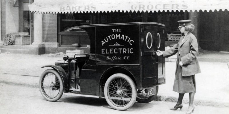 Colourized photo of a vintage 1921 Automatic Electric delivery van from Buffalo, NY, demonstrating the little-known early commercial utility segment of electric car history from the 1920s.