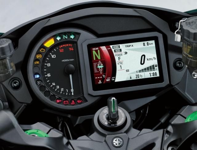Detailed view of a Kawasaki Ninja dashboard, showing the speedometer, tachometer, and digital display with gear indicator.