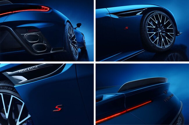 Four close-up details of a blue Aston Martin DB12 S, showcasing the quad exhausts, sleek aerodynamic features, unique wheels, and red 'S' badging.