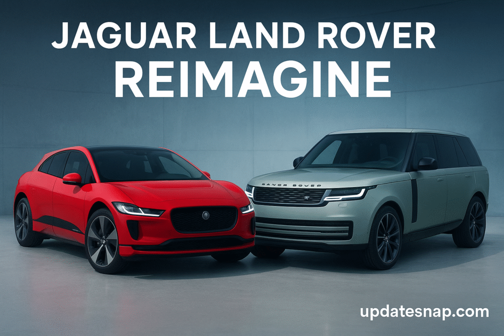 Jaguar Land Rover Reimagine strategy showcasing electric Jaguar and Land Rover SUVs, highlighting sustainability and modern luxury