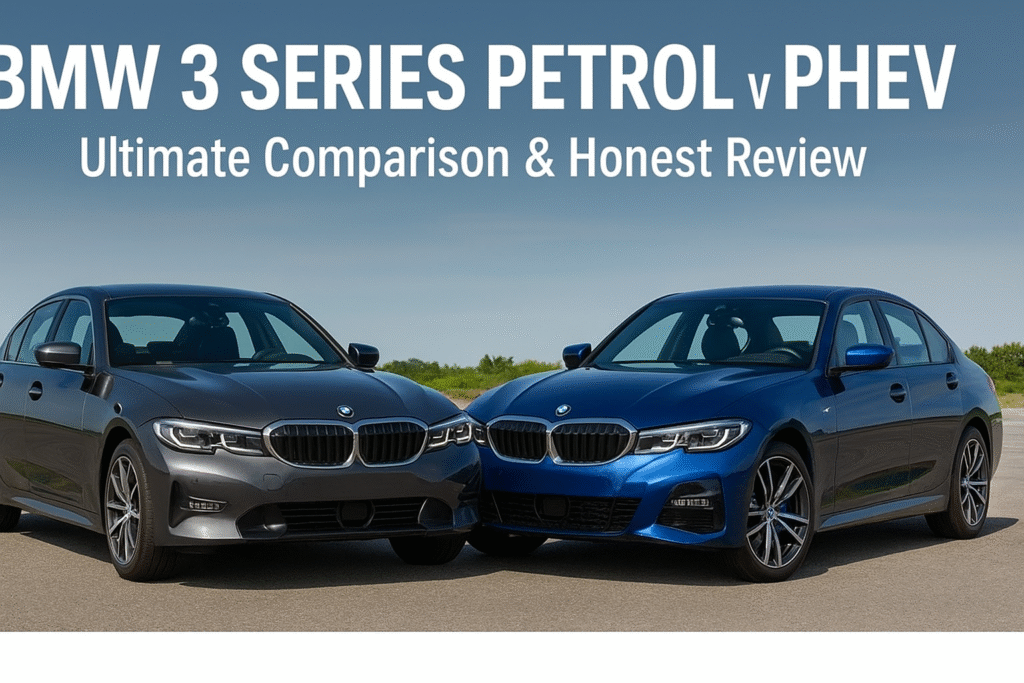 BMW 3 Series Petrol vs PHEV side-by-side comparison showing a grey petrol model and a blue plug-in hybrid model with text “Ultimate Comparison & Honest Review” and the Updatesnap.com branding
