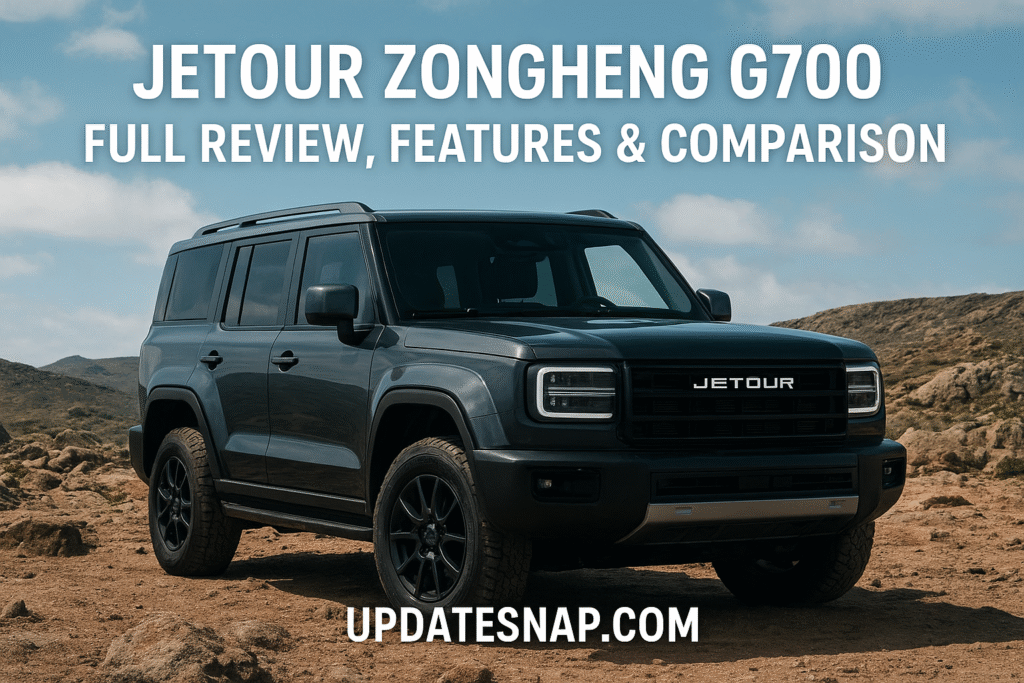 Jetour Zongheng G700 luxury off-road SUV parked on rocky terrain with bold design and updatesnap.com logo in the image background.