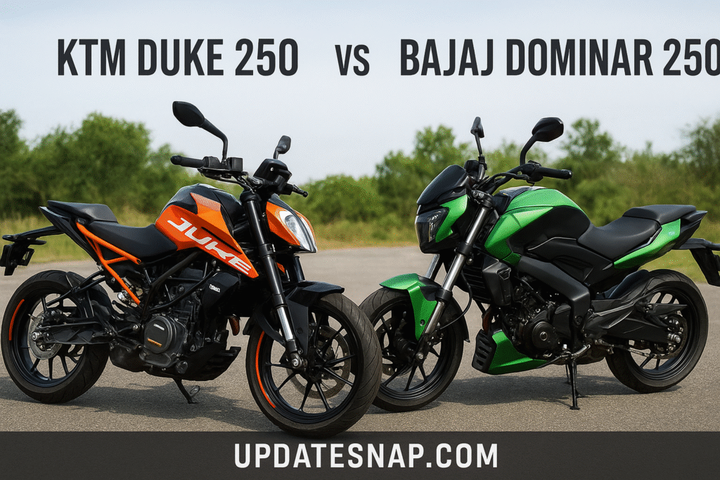 Side-by-side comparison of KTM Duke 250 vs Bajaj Dominar 250 motorcycles on a road, showing the Duke’s orange sporty design and the Dominar’s green muscular look with the website name updatesnap.com at the bottom.