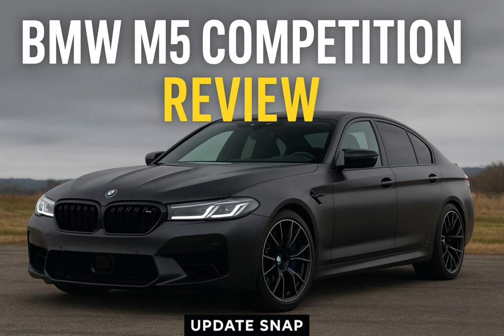 BMW M5 Competition parked on an open road showing its aggressive design, sleek body lines, and performance stance – BMW M5 Competition Review by Update Snap.