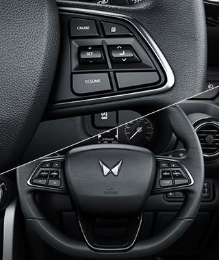 A close-up image split diagonally showing the steering wheel of an SUV. The upper section highlights the cruise control buttons, including 'CRUISE', 'SET', 'RESUME', and speed adjustment arrows. The lower section shows a full view of the black leather-wrapped steering wheel with the car's logo at the center and various control buttons on both sides.