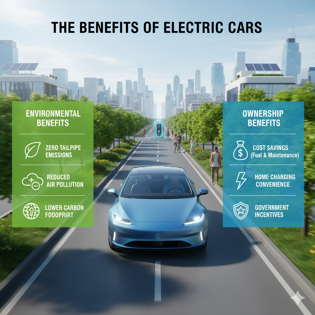 A modern infographic titled "THE BENEFITS OF ELECTRIC
A graphic titled "The Benefits of Electric Cars" showing a modern blue EV driving down a city road, with two boxes listing benefits: Environmental (Zero Tailpipe Emissions, Reduced Air Pollution, Lower Carbon Footprint) and Ownership (Cost Savings, Home Charging Convenience, Government Incentives), highlighting the technological advancements that followed the early period of electric car history.