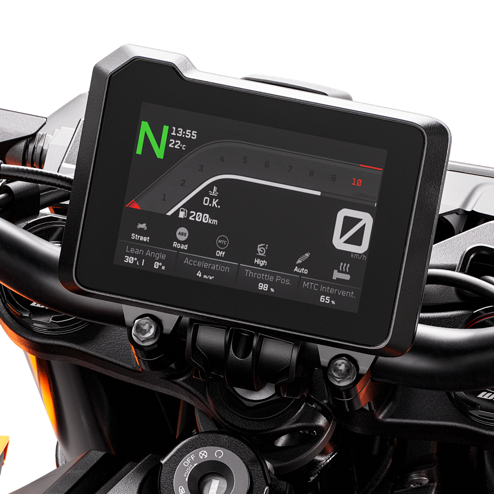 Close-up of the full-color TFT display on the KTM Duke 990 dashboard, showing various ride modes and information.