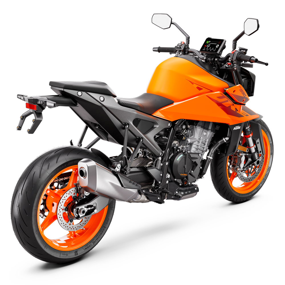 
Rear three-quarter view of the bright orange and black KTM Duke 990, highlighting its ergonomics, exhaust, and bright orange wheels.