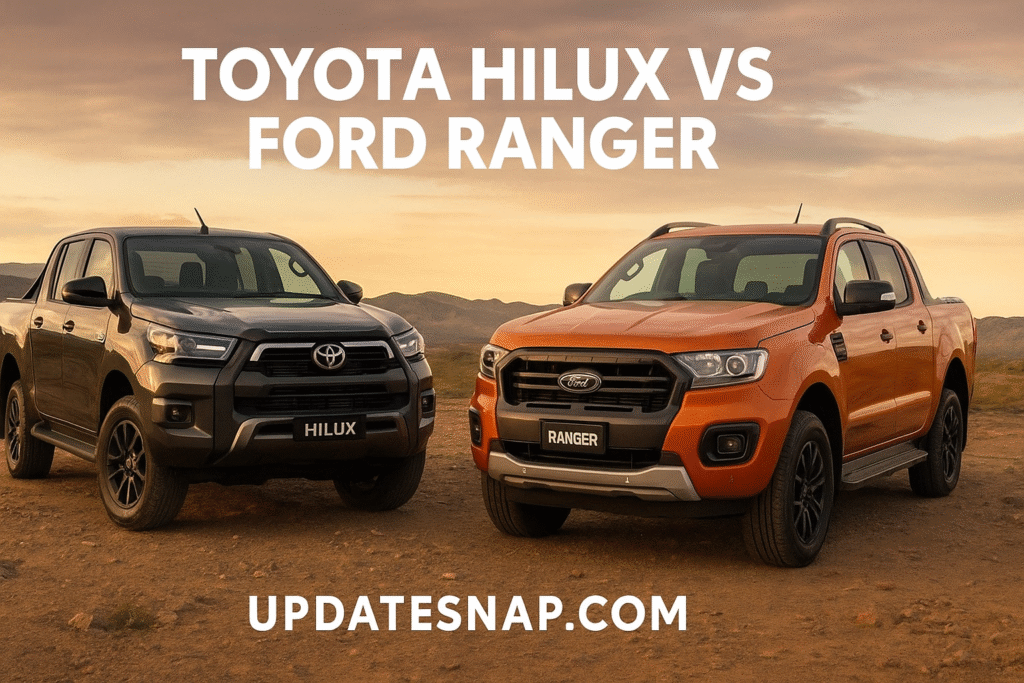Toyota Hilux vs Ford Ranger parked side by side on off-road terrain