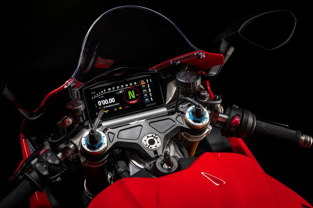 Ducati Panigale V4 2025 digital instrument cluster and cockpit view showing advanced rider display and premium controls