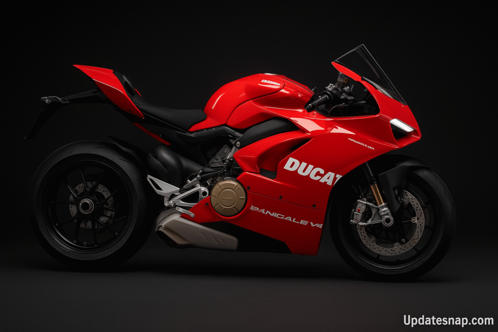 Ducati Panigale V4 2025 superbike in red color with aerodynamic design and performance styling, featured image for updatesnap.com