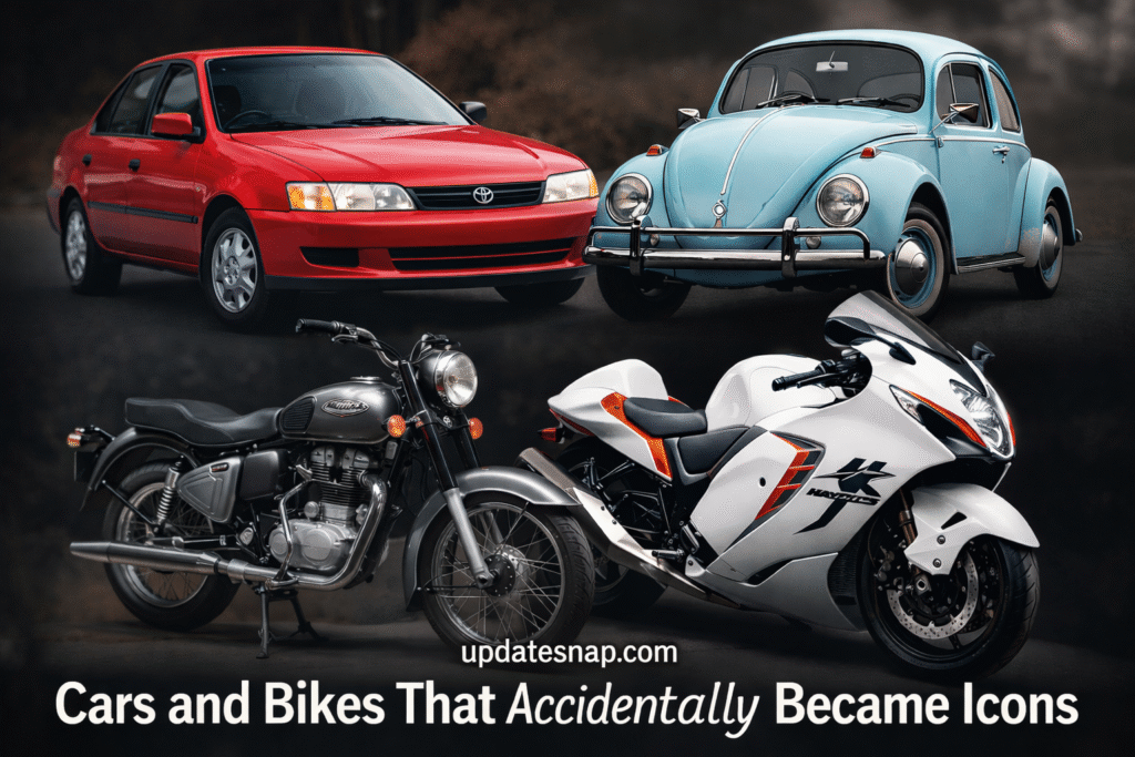 Cars and bikes that accidentally became icons, featuring Toyota Corolla, Volkswagen Beetle, Royal Enfield motorcycle, and Suzuki Hayabusa with updatesnap.com branding