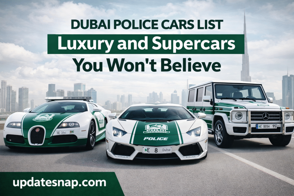 Dubai Police cars featured with luxury and supercars, showing Bugatti, Lamborghini, and Mercedes police vehicles against the Dubai skyline, against the Dubai skyline, highlighting the iconic Dubai Police cars fleet and supercar patrols