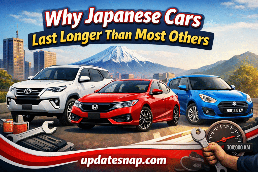 Japanese cars last longer than most others, showing reliable Toyota, Honda, and Suzuki cars with updatesnap.com featured image banner
