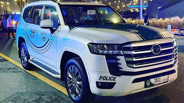 Dubai Police cars feature Toyota Land Cruiser SUV used for city and desert patrol
